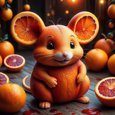 digital painting of a cute mouse entirely made of blood orange Style texture, whimsical and magical atmosphere, soft lighting, highly detailed and stylized, concept art for a blood orange-themed universe