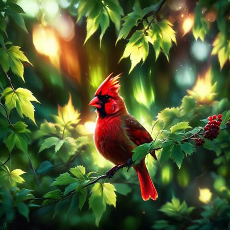 morph-aurora,dark, chiaroscuro, low-key, breathtaking masterpiece showcasing a gorgeous red Cardinal bird, crimson-crowned nymph,  bathed in soft, golden morning light, surrounded by vibrant bokeh green leaves that frame its delicate form. <lora:aurora_0_100_V1-000009:1>