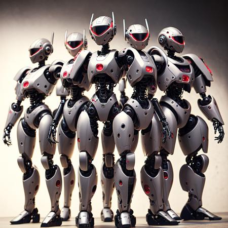 photo, painting of a group of robot standing next to each other (mecharoboto style:1) <lora:djzMechaRobotoV21:0.8>