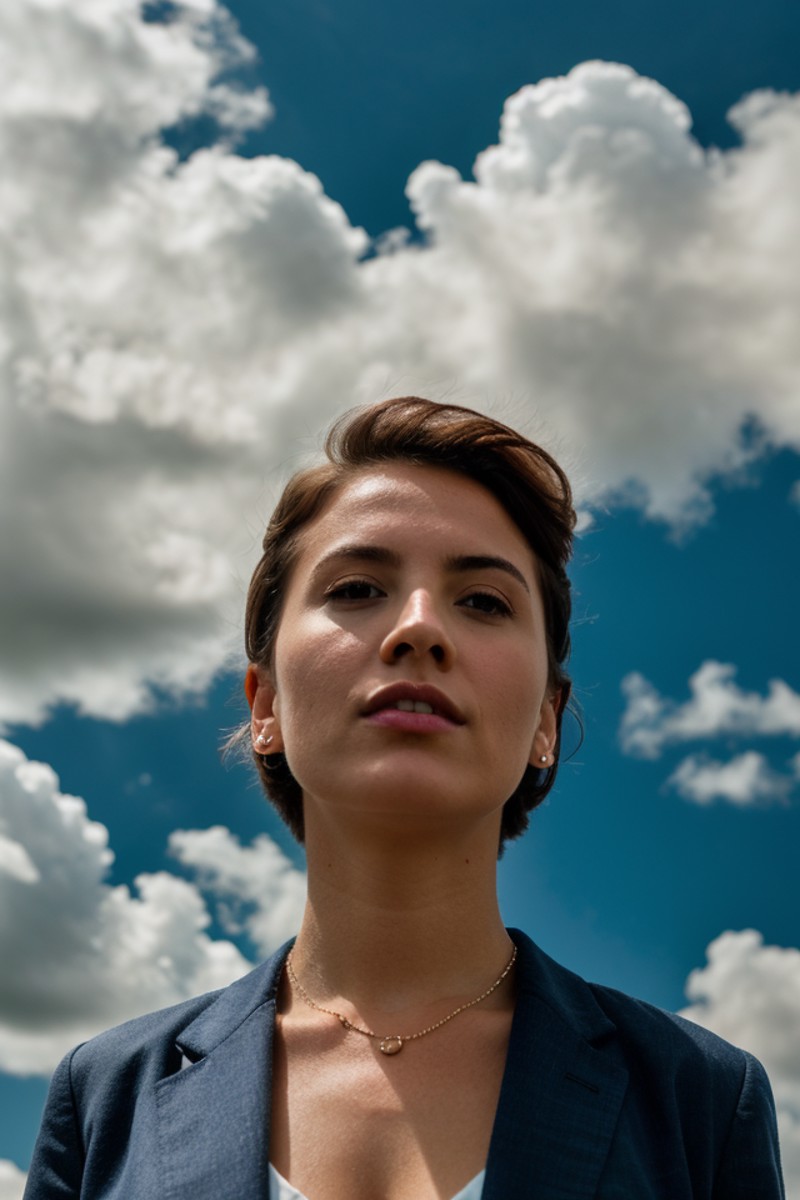 (from below:0.6), portrait photo of woman in clothes, face, short hair, posing, beautiful background, clouds, wind, 8k uhd...