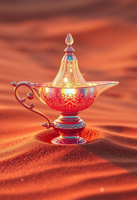 crayon,glow, A resplendent, iridescent genie lamp, crafted with a verisimilar glass-like texture, rests on a bed of scintillating sand. Capture the ethereal luminescence of the lamp, emphasizing its pearlescent sheen as if refracting the warm, golden hour sunlight. Employ a low camera angle, accentuating the lamp's majestic form against the undulating dunes. The sand, a tapestry of warm pinks, oranges, and purples, should sparkle subtly, catching the fading light. Include intricate details on the lamp's surface, highlighting its ornate carvings and the play of light within its iridescent material. The background should subtly fade into a soft bokeh, hinting at the vastness of the desert.