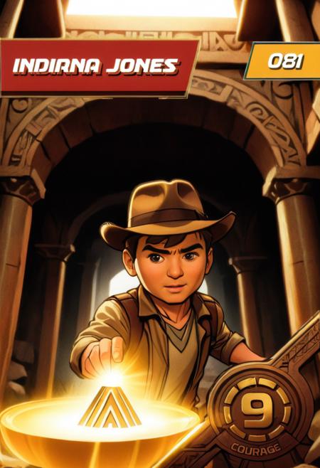 (best quality, masterpiece, absurdres, highres, ultra_detailed, dynamic angle:1.2), herocard, courage9, Indiana Jones, (1boy:1.3), holding an ancient aztec relic, inside an ancient temple full of traps, index081, (intricate details, hyperdetailed:1.15), (ultrahigh resolution textures), bokeh, (volumetric, cinematic) lighting, depth of field, <lora:marvel_promo_cards_2023_locon_xl_hero_v1:0.8>