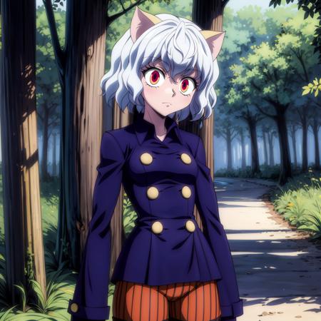 <lora:Neferpitou001:0.6>,<lora:add_detail:1>,<lora:noline:0.3>,solo,
Neferpitou,1girl,red eyes,cat ears,
blue jacket,double-breasted,
(brown shorts:1.2),striped,
(nature:1.2),