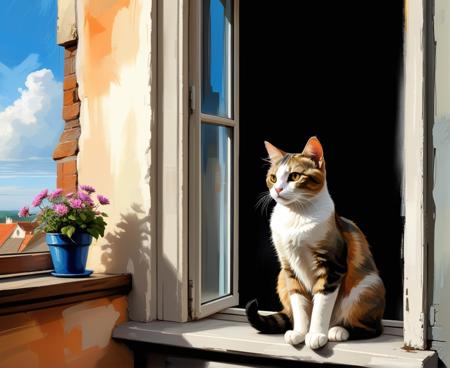 cat sitting on a windowsill, masterpiece, vehicle focus, digital painting