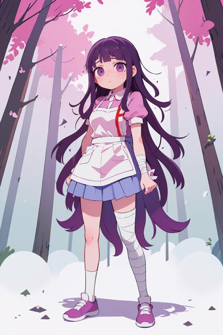 tsumiki mikan, mole under eye, purple / black hair pink shirt, puffy short sleeves, white apron, blue skirt, bandaged leg, bandaged arm