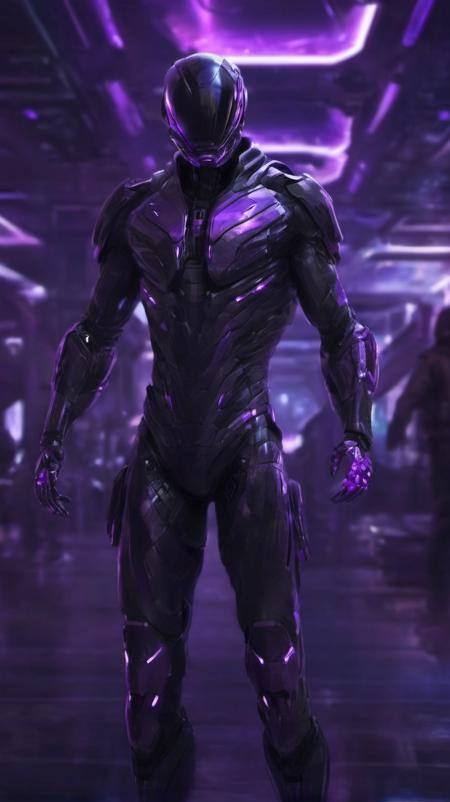 A man in a scifi style black and purple suit, scifi style wallpaper