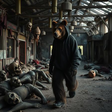 An anthro grizzly bear urban explorer wearing a black hoodie is walking through a house of horrors in an abandoned amusement park. Various deteriorated and broken scary props are lying around. It is late evening and the scene has an eerie atmospheric cinematic look with contrasting shadows and light.