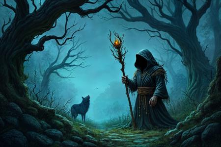 A dense, twisted forest under a sky heavy with storm clouds. Gnarled trees stretch upwards, their branches resembling skeletal hands. Thorny vines choke the underbrush. Faint whispers drift on the wind. A cursed druid lurks in the shadows. His ancient robes are tattered, clinging to a body warped by dark magic. Hollow eyes stare from beneath a hood of moss and rot. His staff, crowned with a twisted root, pulses with a malevolent glow. His gnarled fingers weave dark enchantments. The forest shudders with his every breath. The distant howl of a wolf pierces the night.