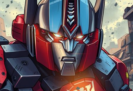 Create a close-up image of Optimus Prime, a robot in a war-torn environment, with a spotlight effect, inspired by Pietro da Cortona and 80s cartoon style, with micro details and lifelike features, adhering to the golden ratio, in the style of James Cowie, with a cult classic comic aesthetic, set on cobblestone floors.