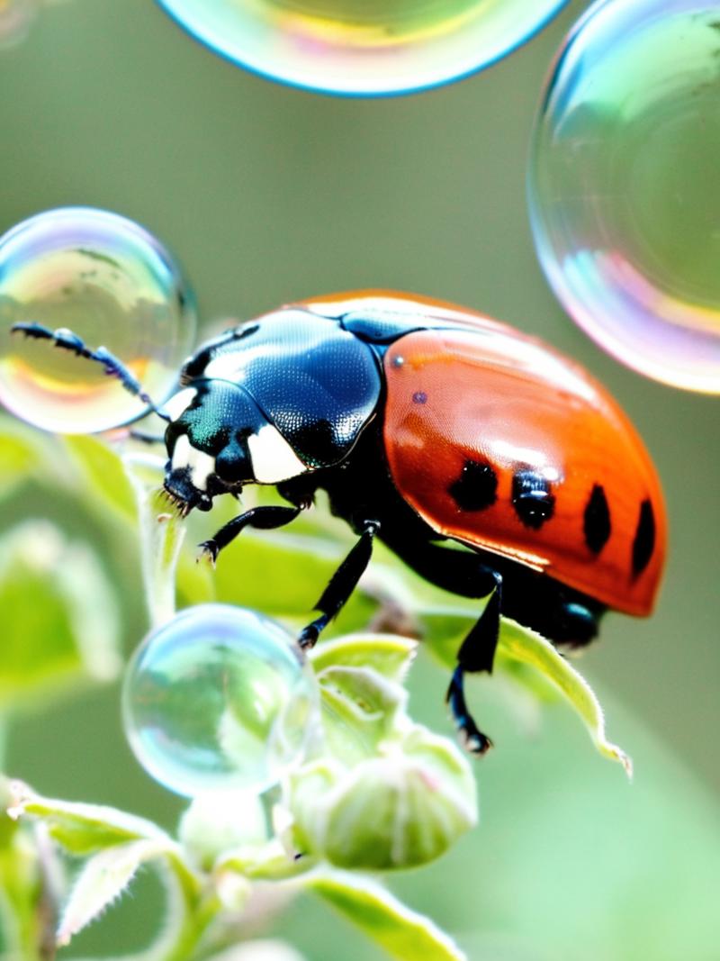 A large red and black ladybug on a leaf.