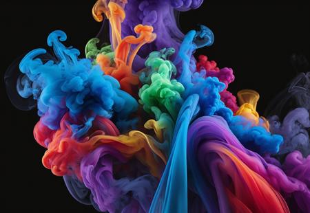 (Ultra-high definition, 4K, hyper-realistic, award-winning masterpiece), vibrant and mesmerizing waves of multicolored smoke swirling elegantly on a deep black background. The smoke is delicate, twisting and curling with a dynamic fluid motion, blending hues of neon blue, fiery red, electric purple, and glowing green. The edges are soft and wispy, with subtle highlights and shadows enhancing the depth and realism. A perfect balance of contrast and luminosity makes the colors appear to glow against the darkness, creating a striking yet calming visual effect.