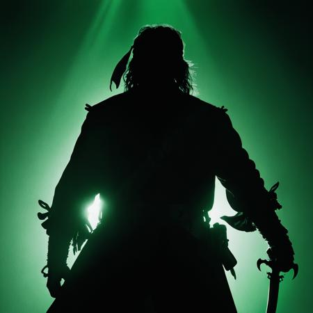 The silhouette of a pirate seen from behind holding sword in one hand,  in a dimly lit scene | monochrome green noir film still | 80s crime scene