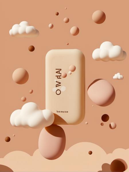 no humans, food, simple background, english text, brown background, AI Flat design, a picture of a bottle of soap floating in the air with bubbles around it and a pink background with a white cloud