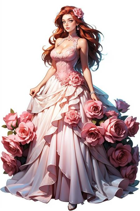 r0s3dr3ss, pink wedding dress, frills, pink roses, fluffy dress,   <lora:r0s3dr3ss:0.7>  <lora:detail_slider_v4:1> <lora:Fr3ckles:0.7> Fr3ckles, freckles, ginger hair, medium breasts, long hair,  grey eyes, <lora:weight_slider_v2:0.8> solo,<lora:age_slider_v20:0.9> white background, full body,