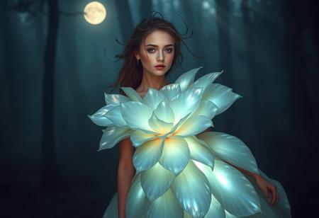 A young woman in a sculptural gown made of iridescent, translucent petals that radiate soft light. Her hair is styled with flowing organic tendrils, and she stands in a dark, misty forest. Subtle beams of moonlight break through the mist, casting gentle highlights on her serene expression.
