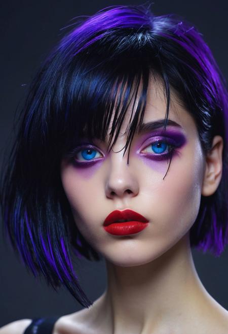 against glass,(Low-Key Portraits by Vicky Roy and Dino Pedriali:1.2), (aesthetic of symbolism with radicalized atmosphere:0.5), (Infrared Photography by Sally Soames and Pauline Kruger Hamilton:1.2), goth girl, lipstick, happy, black hair, purple highlights,,boleum \(dgrpluna\), f/4, daring, high dynamic range, (center composition, symmetry composition:0.1), (ebony and muted colors:0.1) <lora:MJ52:0.5> <lora:- SDXL - vanta-black_contrast_V3.0:0.5>blackf/1.4, rule of thirds, iconoclastic opus magnum with unparalleled details, (electricblue and unique colors:0.1), <lora:MJ52:1.0>(masterpiece, best quality:1.4), perfect body parted lips, , detailed skin,model photoshoot,photography by (Muriel Angelus:1.3), modelshoot, pose, , award winning photo macro shot of a beautiful A minimalist and modern design portraits of a beautiful woman, one eye covered in an artistic black band in bold white, blue or yellow colors, set against a stark white background. This graphic representation symbolizes beauty through visual simplicity and minimalistic elements. (Motion Blur Photography by Sarah Charlesworth and Andres Serrano:1.2), award-winning photography, aesthetic, carefully designed details, clear scene, f/22, symmetry and balance, unprecedented, selective color,  Ultra High Resolution, wallpaper, 8K,Rich texture details, hyper detailed, detailed eyes, detailed background, dramatic angle, epic composition, SimplepositiveXLv1 , , solo, model photoshoot,, a stylish girl,