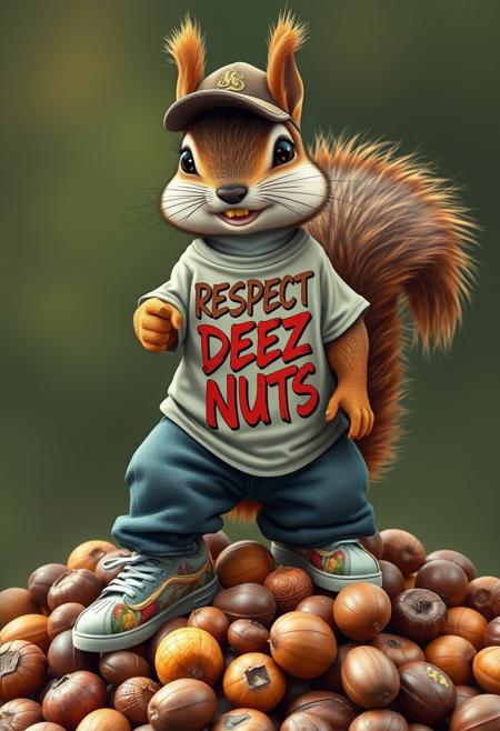 Create a hyper-realistic, hyper-detailed depiction of a cute squirrel dressed in baggy jeans, a long t-shirt with the phrase "RESPECT DEEZ NUTS" displayed on the front in a graffiti cursive font. The squirrel wears a pair of sneakers with an autumn theme decorated on all sides, and a sideways flat brimmed cap. Its teeth are shiny gold, adding to its swag. The squirrel stands atop a pile of various kinds of nuts, pointing down towards the pile with a confident gesture. Style: hyper-realistic, detailed, playful. Colors: brown, green, orange, yellow, gold. Highest-Quality, 4k, Masterpiece
