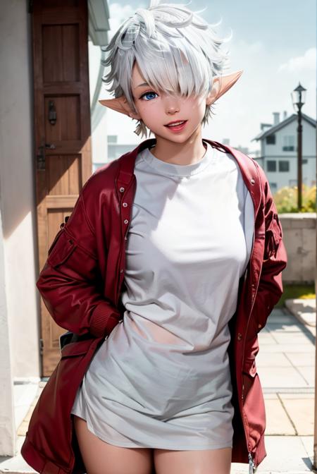 white hair, short hair,  elf ear, earring, teen, bangs,  blue eyes, one eye covered, (cover right eye),hair over one eye,(hair over one eye:1.3), eyes_visible_through_hair, looking at viewer, red jacket, open jacket, white shirt,  <lora:Alisaie:0.7>     <lora:ntrOpenDoorB_v10:0.5>