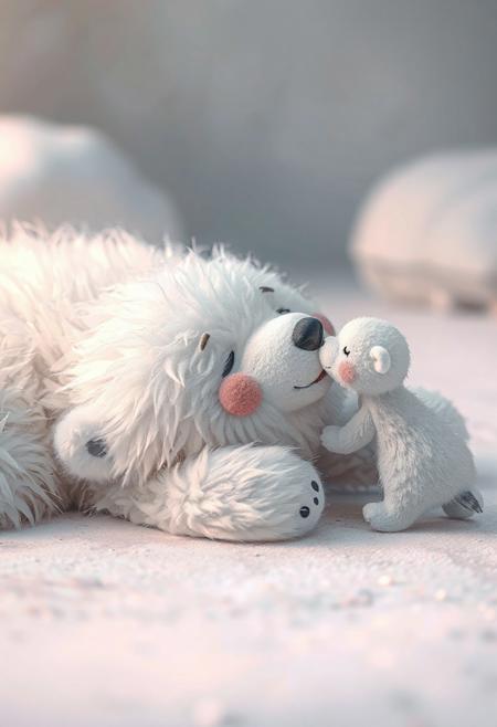An amorphous, fluffy polar bear lying on the ground, looking completely relaxed and lifeless, receiving a gentle kiss on its cheek from a small, friendly animal or person. The scene is serene and heartwarming, with soft lighting and pastel colors, giving a cozy and peaceful vibe. The polar bear’s fur is soft and messy, almost as if it’s melting into the surroundings. The overall atmosphere is calming and playful.