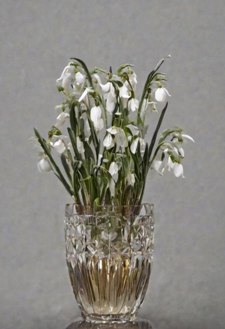 fforest snowdrops made of gold and silver, in a crystal vase. Installation in Faberge style.  Super extremal close-up, photorealism natural lighting lens 300 mm. bokeh , Photo for Sotheby's auction