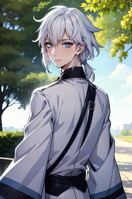 (masterpiece, best quality, ultra-detailed), 1boy, YukioSoY, white hair, blue eyes, ponytail, from behind, looking at viewer, outdoors