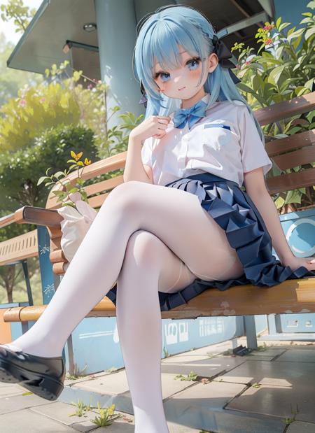 1girl, white pantyhose,long hair,school uniform,(forest:1.5),<lora:white tights2:0.7>,(blue hair:1.5),(pleated skirt:1.6),crossed legs,(hair bow:1.3)