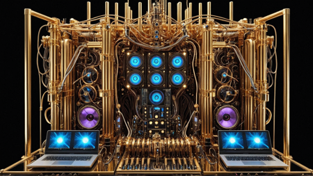 futuristic dj sound station in (qu4ntum style), highly complex machinery, spectrograms, hologram robot face, golden aspect, well arranged network of transparent tubes, well arranged network of cables, sparkles, lightnings, water cooling system,massive pistons,short circuit,fans,magnetism,
masterpiece, best quality,hyperrealistic,masterpiece,steampunk aesthetics,
<lora:Qu4ntumPunk_04XL:0.8>