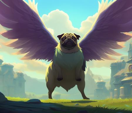 10mm focal length, CHV3SCute, CHV3CBird, a pug with angel wings on it's back, video game icon fantasy art hearthstone, 2d game art, official art, concept art, behance hd, concept art by jesper ejsing, by rhads, makoto shinkai bastion, Professional, masterpiece, commissioned