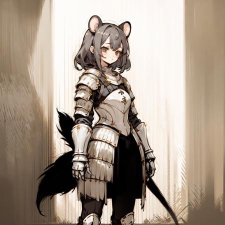 (1girl:1.5), solo, ratkin, ratkin_ears, ratkin_tail, ratkin_hairstyle, black hair, standing, mature, armored, <lora:ratkin_v1.1:1>