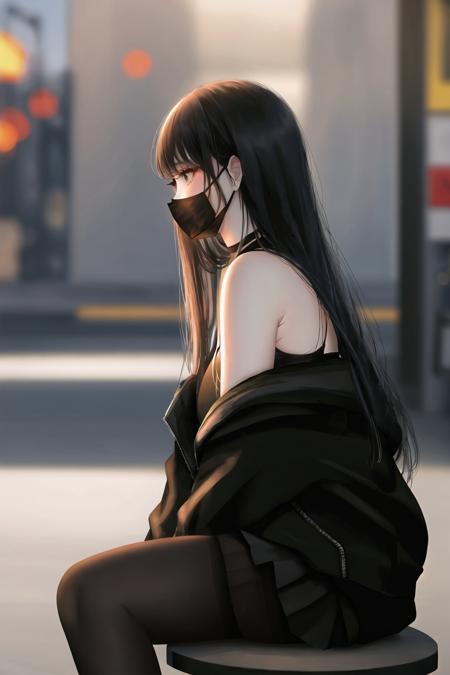 1girl, bangs, bare shoulders, black hair, black jacket, black pantyhose, black shirt, closed mouth, depth of field, from side, jacket, kyrie-style, long hair, mask, mouth mask, off shoulder, open clothes, open jacket, pantyhose, profile, shirt, sitting, sleeveless, solo