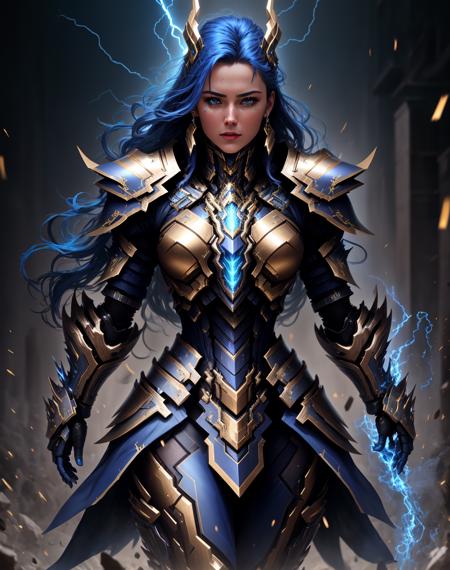 4K, Masterpiece, highres, absurdres,
edgThunderstruck, a woman with a blue and gold armor ,wearing edgThunderstruck_armor, electrified, weilding thunder
 <lora:edgThunderstruck:0.75>