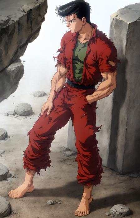 urameshi yuusuke, solo, shirt, black hair, 1boy, standing, full body, male focus, barefoot, pants, torn clothes, dutch angle, muscular, glowing, spiked hair, injury, rock, retro artstyle, aura, torn shirt, dirty, torn pants <lora:90sv2.0R:0.6>