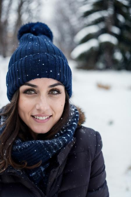 best quality, 4k, 8k, ultra highres, raw photo in hdr, sharp focus, intricate texture, skin imperfections, photograph of arm with a dark blue wool beanie and winter scarf in the snow wearing a light brown winter jacket, brunette hair, intricate details, snowing,<lyco:AnaArmas-RealVision-V1.0:1.0>