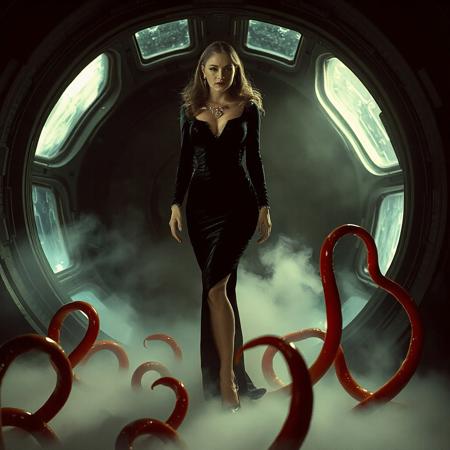 Elegant Norwegian femme fatale, dressed in a fitted, long-sleeved black evening gown, adorned with sparkling jewels, her porcelain skin glowing amidst the dimly lit, sterile black chamber with massive observation portholes revealing the vastness of space. Glossy red high heels accentuate her refined features, while her flawless makeup highlights her ultra-thin waist. As she struggles, weird, wet-look red slime tentacles emerge from the fog-shrouded floor, ensnaring her. Inspired by the dramatic lighting of old Hollywood, this cinematic film still echoes the works of Alfred Hitchcock, David Lynch, and Stanley Kubrick, with a hint of Tim Burton's dark whimsy. Shot on 35mm film, with a V-Raptor XL aesthetic, the image boasts a rich, film grain texture, subtle vignette, and meticulous color grading, evoking the grandeur of a bygone cinematic era.