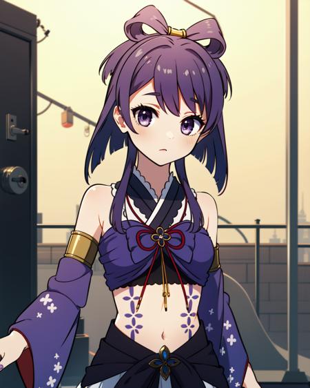 masterpiece, high quality, 1girl, mgrcaikahimena, (dynamic shot), medium shot, upper body, purple hair, purple eyes, bow-shaped hair, floral print, red and yellow bowtie, yellow hairpin, purple crop top, long detached sleeves, golden rings on shoulders, purple with white frilled skirt, purple gem on belt, outdoors, city, street, day, <lora:mgrcaikahimena-000006:0.75>