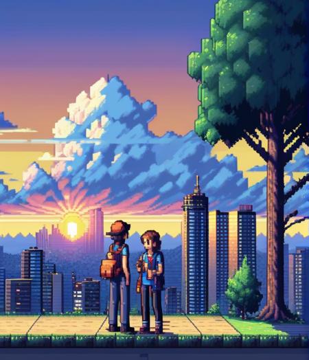 pixel art, outdoors, sunset, building, multiple boys, city, sky, bag, scenery, cloud, shirt, standing, pants, tree, 1girl
<lora:sdxl_pixel:0.65>