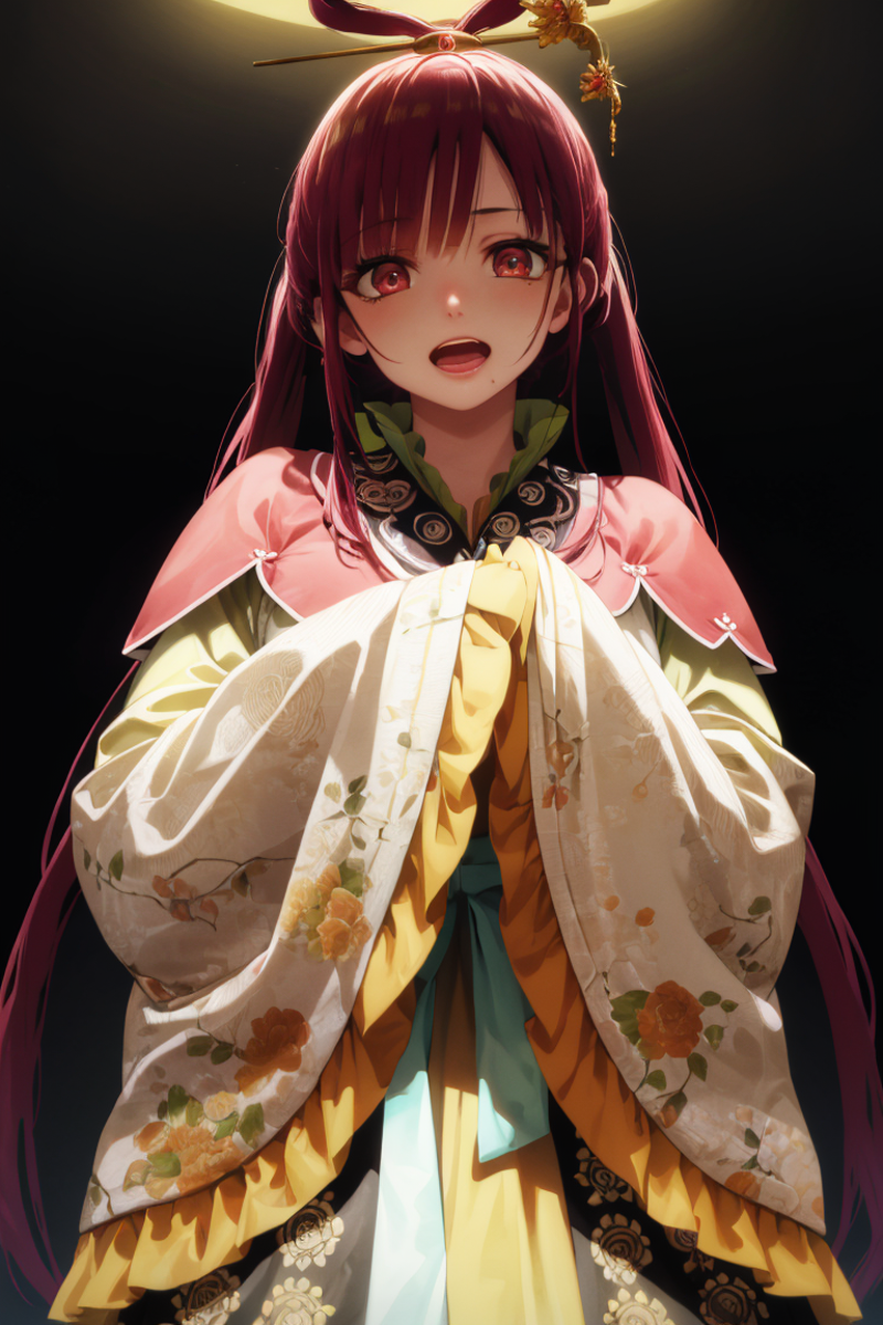 A Woman in a Kimono with Red Hair and Red Eyes.