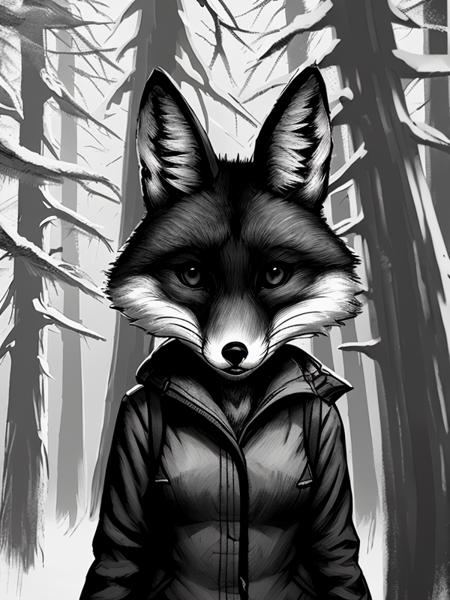 fox and girl in the forest edge  , horrors, (TinyBunnyStyle:0.8) , monochrome, art  <lora:Tiny_Bunny:1>