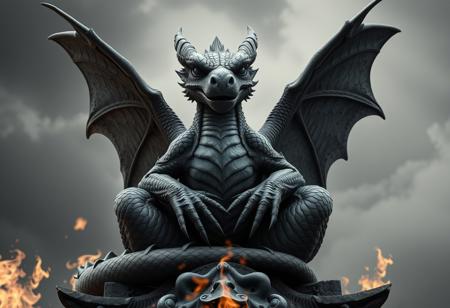 Create a high-quality, photorealistic portrait of a grizzled, flat grey dragon sitting cross-legged on a statue of the wicked, surrounded by skyfire. The dragon should have a smug grin, a small straight nose, and intricate details. Incorporate cinematic lighting with a symmetrical balance. The output should be a beautiful, detailed image with a size difference between the dragon and the statue, showcasing the dragon's power. Use artist Maiko's style as a reference, with a professional photo quality akin to Kodak. Incorporate Octane render and HD film grain for a cinematic feel. The final image should be in black and white, with a focus on intricate details and a sense of pure imagination.