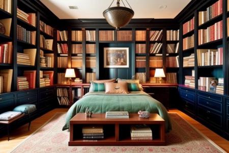 a fantasy bedroom that is also the owner's personal library with books everywhere