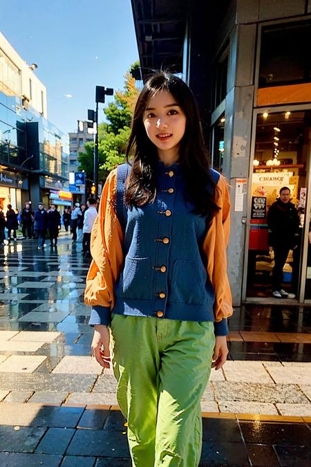 (RAW photo, best quality), (realistic, photo-realistic:1.30),girly,solo,1girl,detailed eyes,hair decoration,trendy expression,jacket,top,pants,(style:1.5),outdoors,mall,clothes,detailed background,(blue and orange tone impression:1.3), soft lighting,gorgeous light and shadow ,stunning environment, hyperdetailed, (aestheticism), ethereal, golden hour,   <lora:yulijun:0.8>