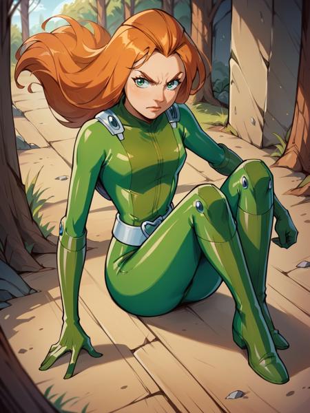 samts, 1girl, long hair, solo, green eyes, orange hair, green bodysuit, belt