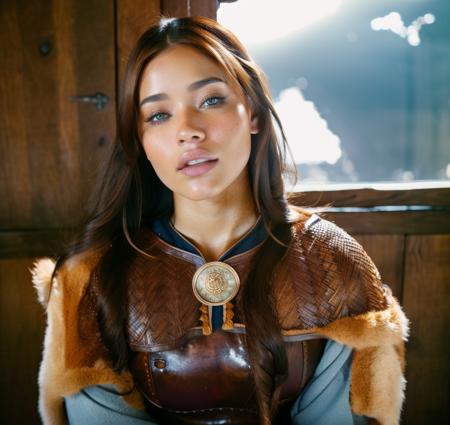 cute woman, brunette hair, blue pale eyes, caramel skin tone,  strong jaw, big cheeks bone, in medieval tabern  <lora:0pen:1>, professional light, cinematic lighting, fashion photography, ambient lighting, atmospheric effects,  <lora:VikingArmor:1>, as viking woman, fur,  (adrianalima:1.1)  <lora:epiCRealLife:1>