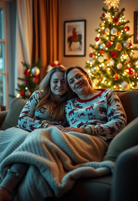 A realistic photograph of a pair of sweet late twenty something lesbian couple, relaxing watching a Christmas film together. They have different body types and hair colour, but are wearing (matching Christmas pyjamas:1.5). They are on the sofa together in a tastefully decorated lounge next to a brightly lit Christmas tree. A large and comfortable blanket lie across their knees. (Realistic photograph taken on a Canon DSLR, with shallow depth of field and warm tones, the focus on the couple enjoying a cuddle together, there is a soft texture, with the Christmas tree lights giving the room a romantic and well lived in feel