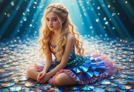 Masterpiece, ultra-detailed, best quality, 8K, illustration, absolutely eye-catching, 1girl, solo, lamia girl, blonde hair, long hair, princess, detailed hair, french braid, sitting, full body, surreal yet charming visual, frill dress, resting, cute, vibrant colors, aesthetic, portrait, bokeh, made from reflective CD fragments, glisten with iridescent colors, cheerful expression,