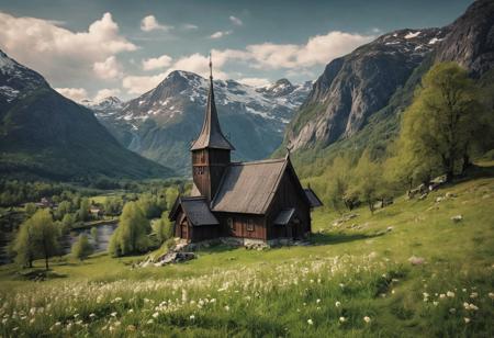 masterpiece, high quality photo, RAW photo, 16K, high contrast, View of a small and isolated Stave Church in Norway in the middle of a meadow surrounded by mountains, in spring, spring vegetation, flowers, birds, late afternoon.