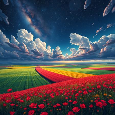 Vibrant fields, extremely detailed sky, from high cliff, starry sky, dark night, clear view, bright rerd flower fields, beautiful fields, very bright, anime landscape, (upper half:), busy clouds, red clouds, the storm is brewing, 8k wallpaper, romantic, perfect quality, absurdres, highly detailed, vibrant, beautiful oil matte painting
