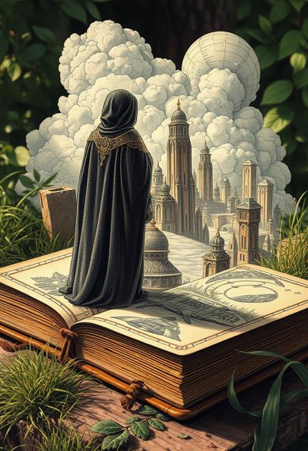 a highly detailed crosshatching shaded brass and gold enameled ink etching and coffee stain illustration of a small perfect body cloaked ornamental warlock observing a vast nimbus cloud scifi city with intricate desert rock formations all fitting  on a tea and coffee stained page in a old leather bound book, the scene around the book is rendered like a soft focus dreamy film movie shot on portra 400 35mm film, around the book there is lush foliage grass and dew,  dappled light