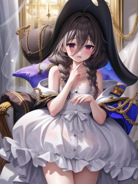 Whydah,black hair, long hair,black tricorn hat,low twintails, petite, flat chest, white dress, black jacket, 