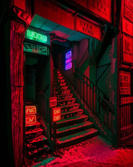 a stairway way with neon signs and stairs leading up to a building with a neon sign